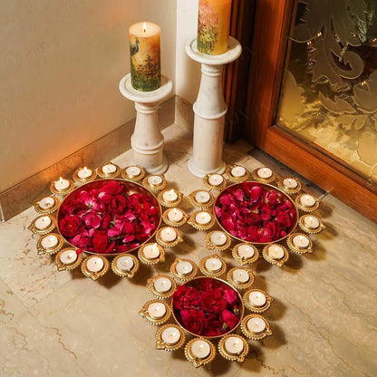 Decorative Metal Urli Bowl Set with Diya Holders | Festive Floating Candle Bowl for Home Décor