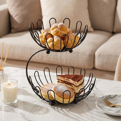 2-Tier Black Metal Fruit Basket Stand – Kitchen Counter Organizer