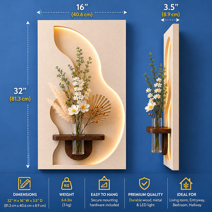 Luxury LED Wall Art Shelf with Vase Holder | Modern Illuminated Decorative Wall Panel | Contemporary Entryway & Living Room Décor