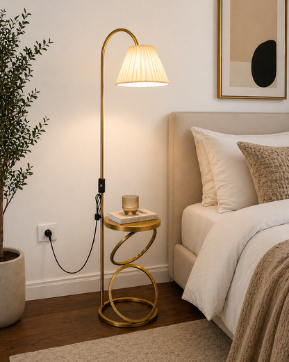 Luxury Gold Floor Lamp with Side Table – Modern Bedside Standing Lamp