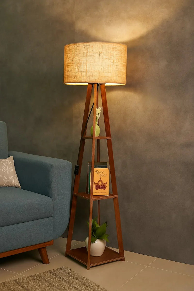 Modern Wooden Floor Lamp with Storage Shelves