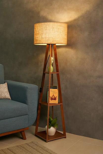 Modern Wooden Floor Lamp with Storage Shelves
