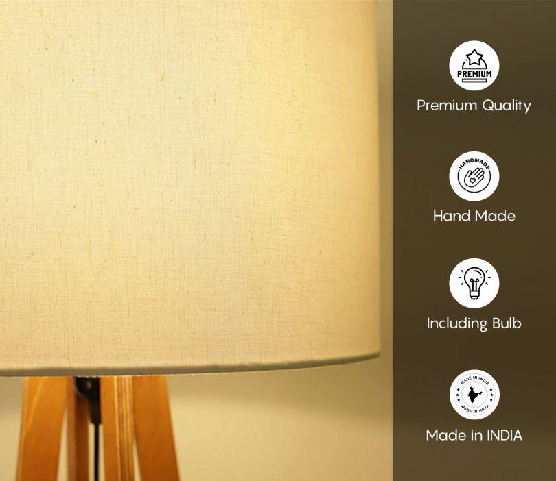 Modern Wooden Floor Lamp with Display Shelves | Decorative Standing Lamp for Living Room, Bedroom & Office | Fabric Shade