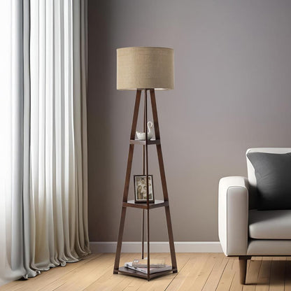 Modern Wooden Floor Lamp with Storage Shelves | Decorative Standing Lamp for Living Room, Bedroom & Office | Premium Fabric Shade
