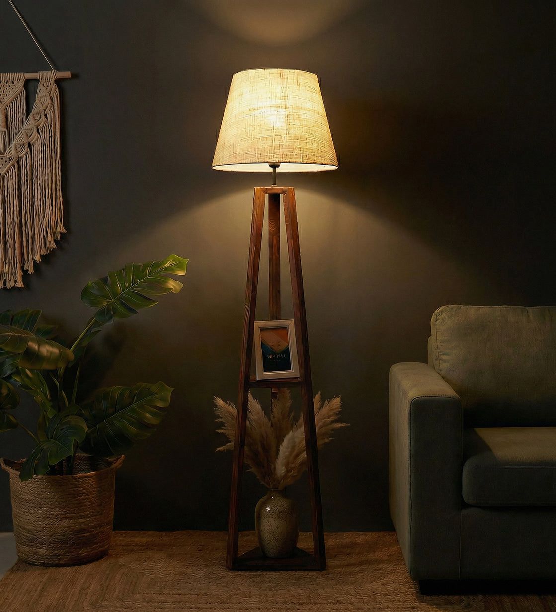 Modern Wooden Floor Lamp with Fabric Shade | Decorative Standing Lamp for Living Room, Bedroom & Office | 60 Inch Tall