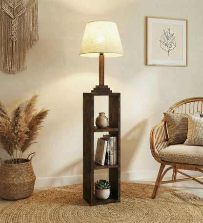 Modern Wooden Shelf Floor Lamp with Fabric Shade | Decorative Standing Lamp with Storage Shelves for Living Room & Bedroom | 60 Inch Tall