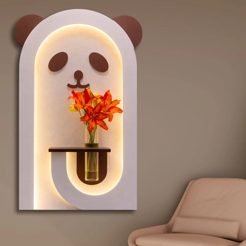Cute Panda LED Wall Lamp with Wooden Shelf & Glass Vase, Modern Wall Decor Light with Warm White Glow for Living Room, Bedroom & Kids Room