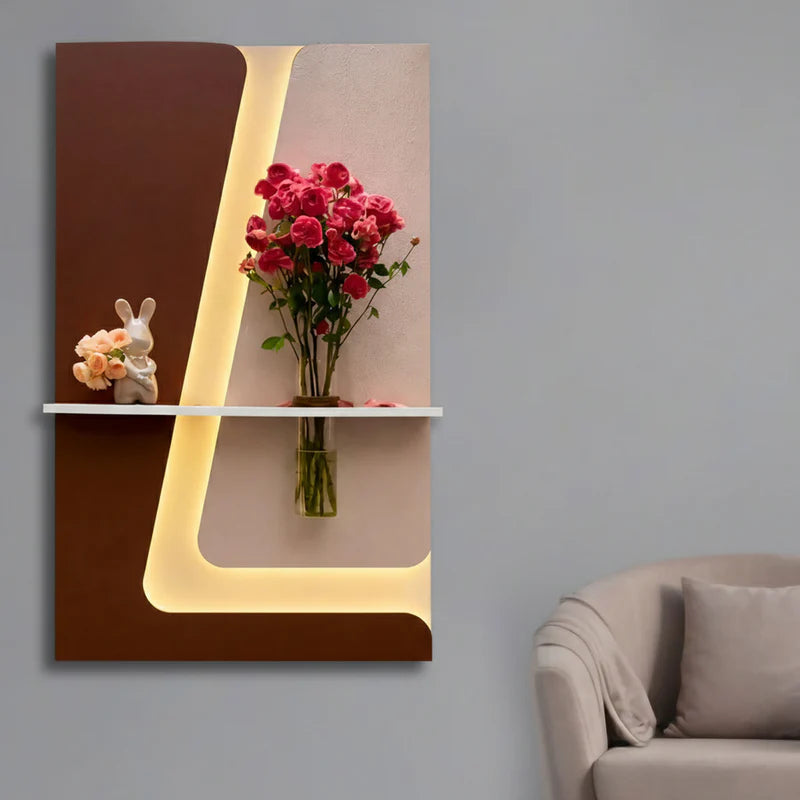 Modern LED Wall Light with Wooden Shelf & Glass Vase, Warm White Decorative Wall Lamp for Living Room, Bedroom & Home Decor