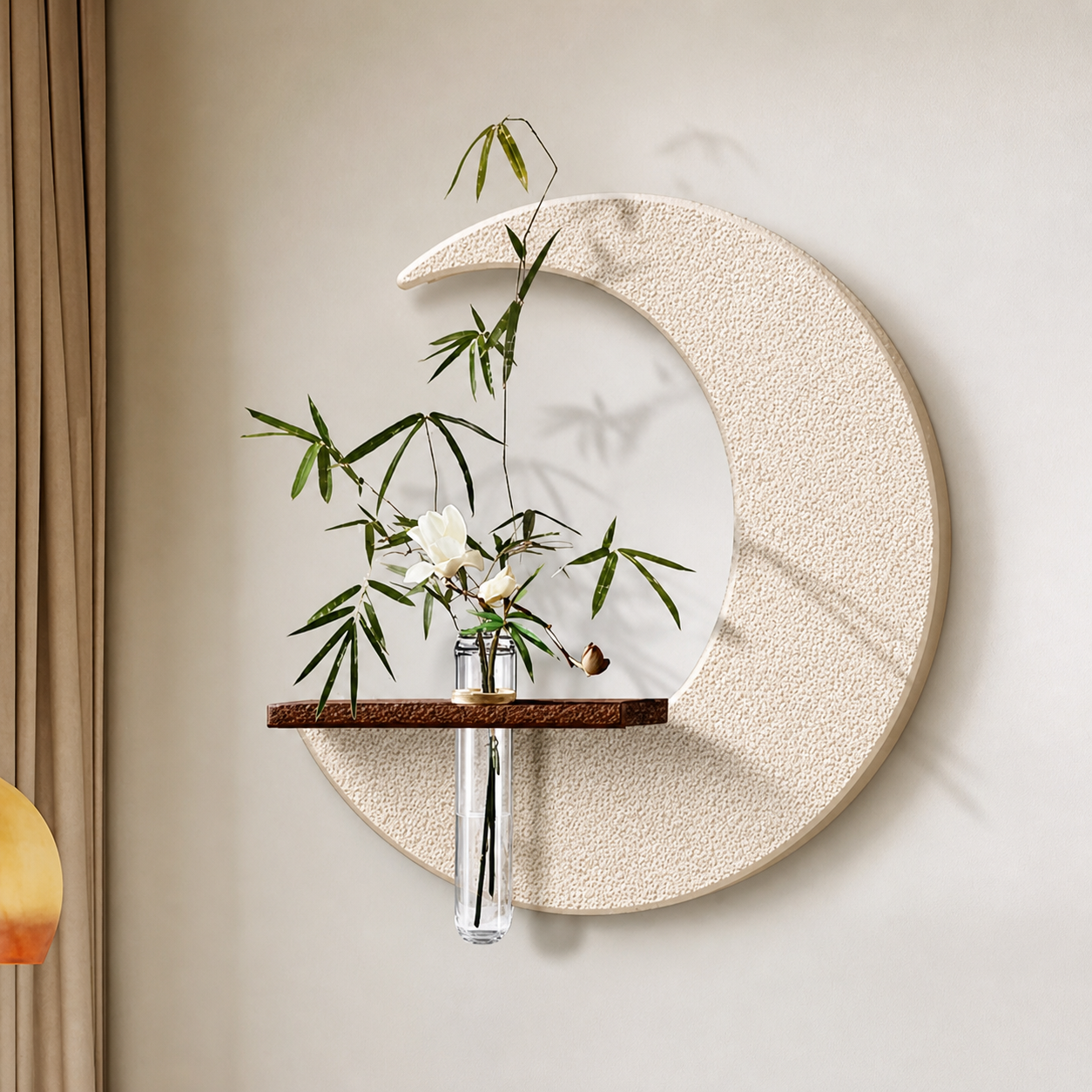 Modern Moon Wall Decor with Vase & Wooden Shelf | Minimalist Nordic Wall Art for Living Room