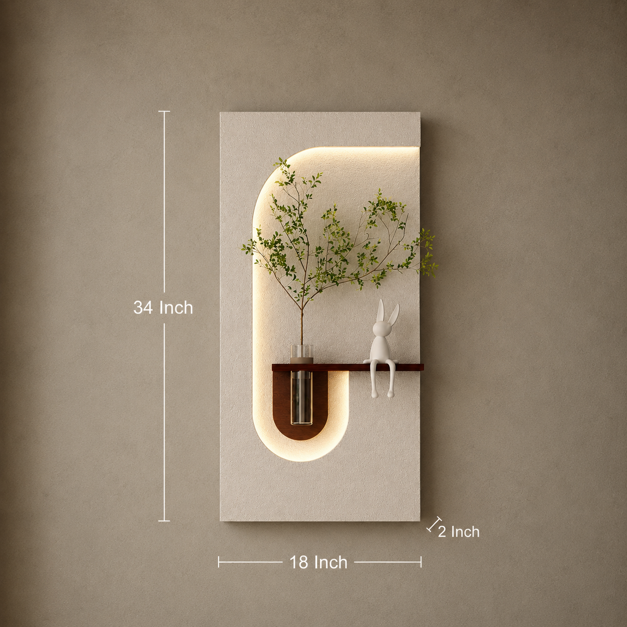 Modern LED Wall Décor Shelf with Plant Vase & Artistic Design Panel”