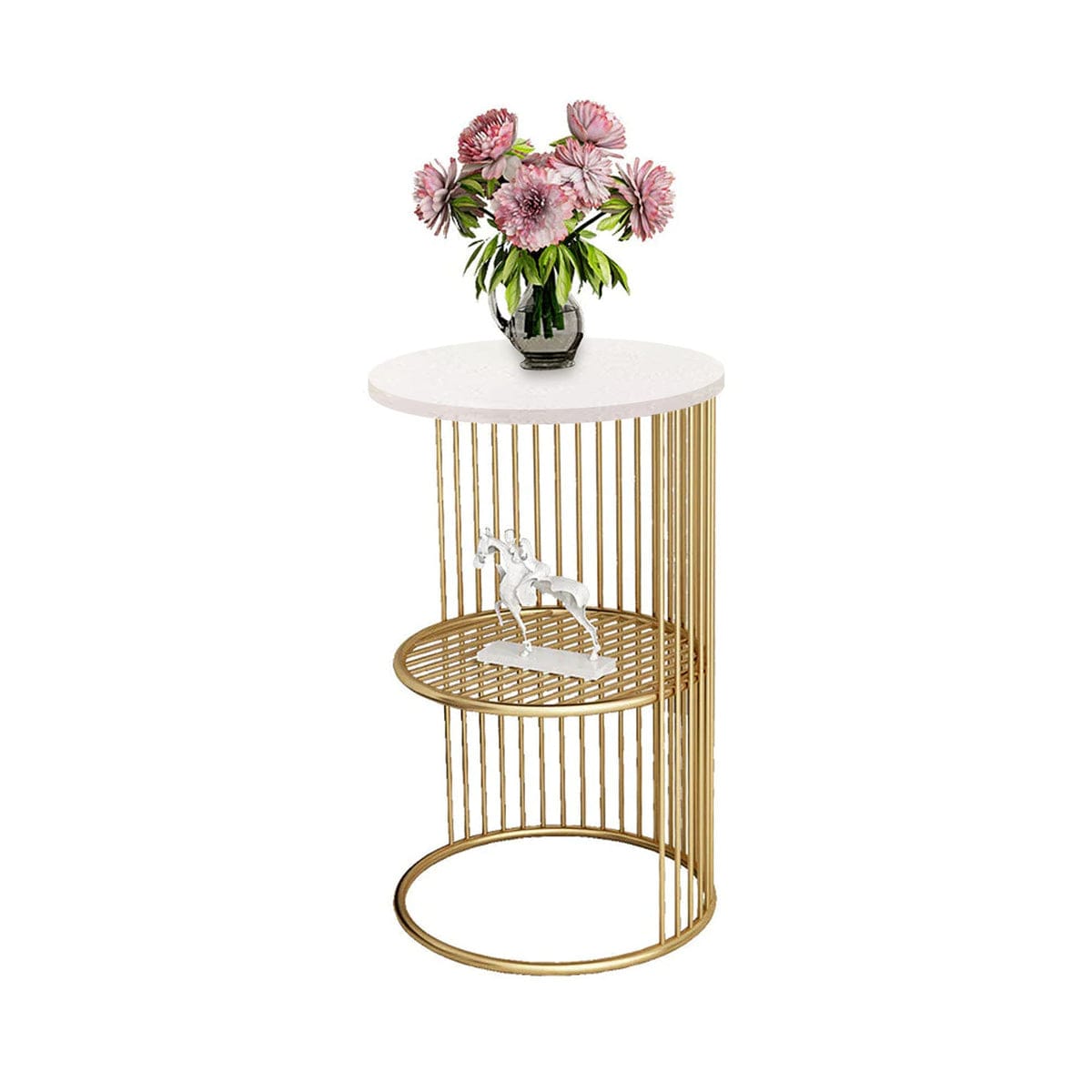 Designer Art Golden Half Caged White with wooden Marble finish Coffee Round Side Table