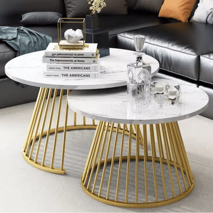 Wooden Twist Ornate Circular Design Round Coffee Table Set of 2 with Marble Top wooden-Like Finish for Modern & Elegant Living Room