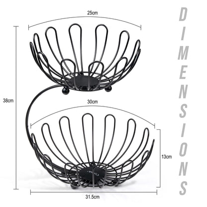 2-Tier Black Metal Fruit Basket Stand – Kitchen Counter Organizer