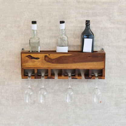 Solid Wood Wall-Mounted Wine Rack with Glass Holder – Rustic Bar Shelf