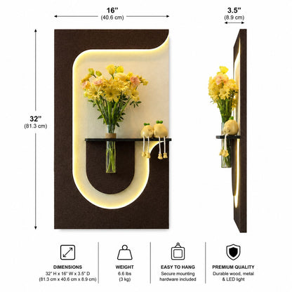 Modern LED Wall Art Shelf with Vase Holder | Luxury Illuminated Decorative Wall Panel | Contemporary Floating Shelf Décor