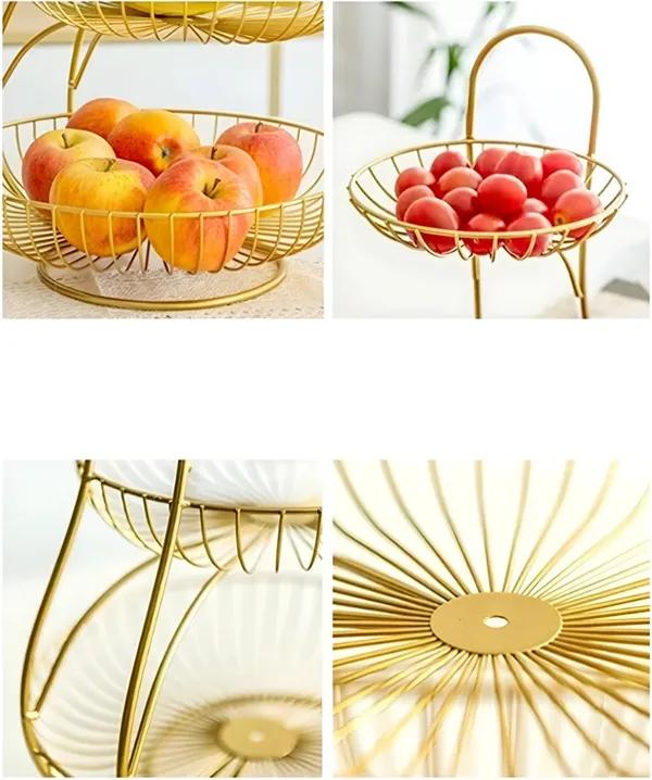 2-Tier Gold Metal Fruit Basket Stand – Kitchen Counter Organizer
