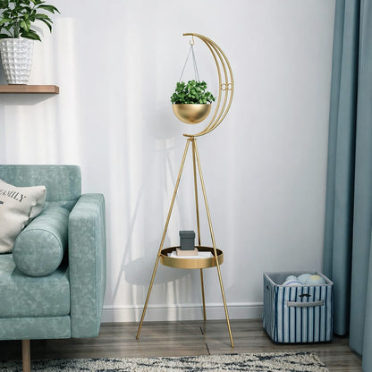 Premium Gold Finish Planter Stand with Elegant Hanging Pot – Perfect Modern Living Room Corner Decor for Stylish and Minimalist Homes