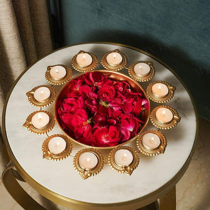 Decorative Metal Urli Bowl Set with Diya Holders | Festive Floating Candle Bowl for Home Décor