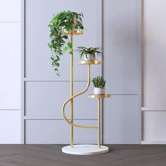 Luxury Gold 3-Tier Plant Stand – S Shape Metal Planter Stand with Marble Base