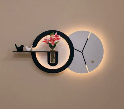 Modern LED Wall Clock with Flower Vase & Shelf | Decorative Wall Light for Living Room & Bedroom