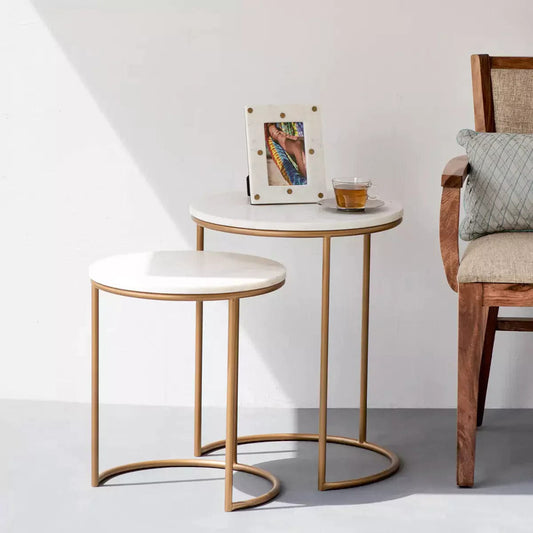 White Marble Top Iron Stand Coffee Table Set of 2
