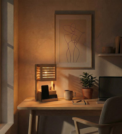 Wooden Table Lamp with Mobile Holder & Pen Stand | Modern Desk Organizer Lamp