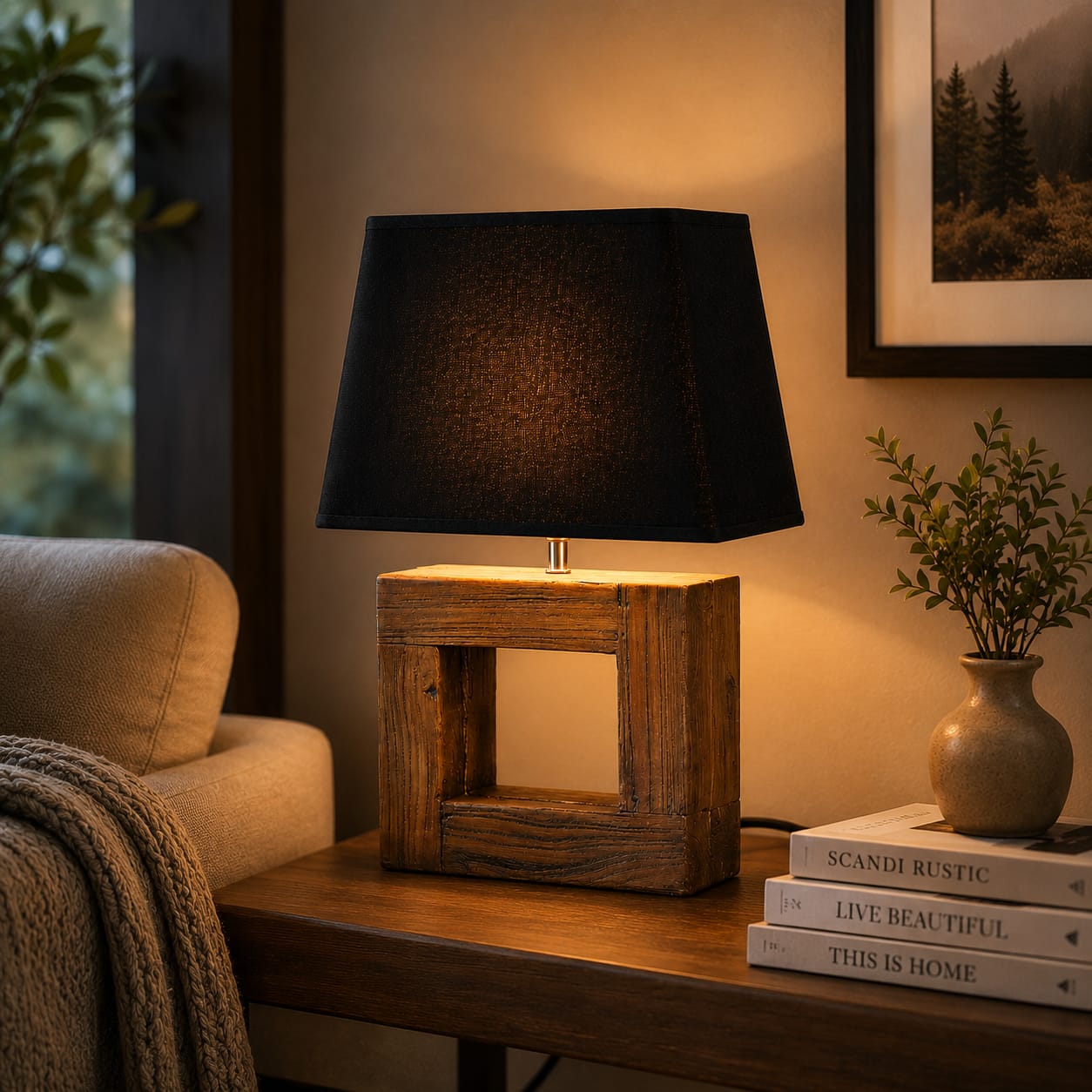 Rustic Wooden Table Lamp with Black Fabric Shade – Modern Bedside & Living Room Lamp