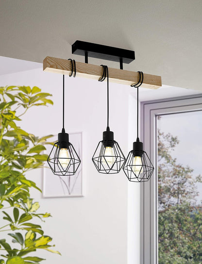 Rustic Wooden 3-Light Ceiling Lamp – Industrial Pendant Light with Metal Cage Shades