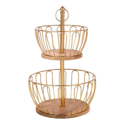 2-Tier Gold Fruit Basket with Wooden Base – Decorative Serving Stand