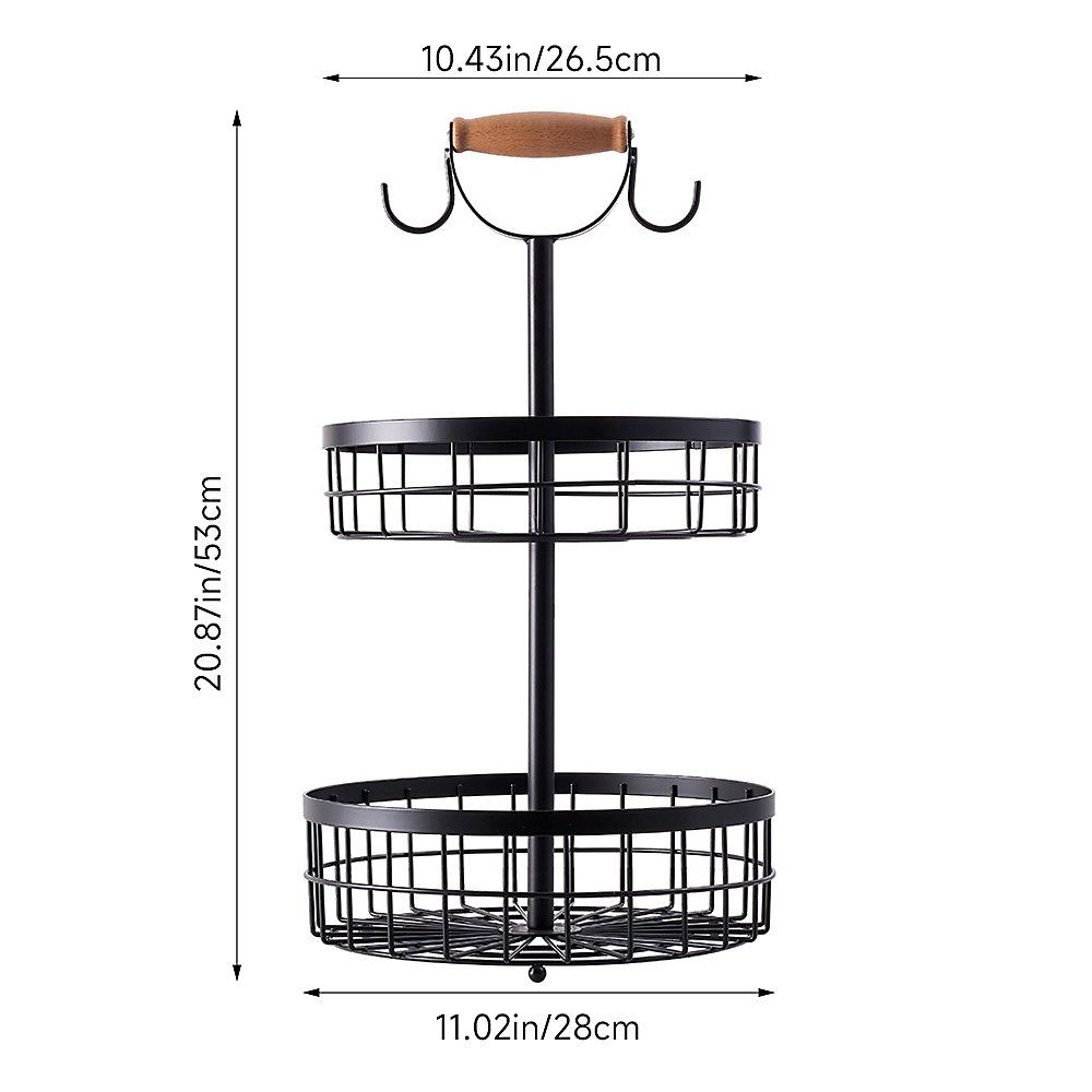 2-Tier Fruit Basket with Banana Hanger – Metal Kitchen Counter Organizer