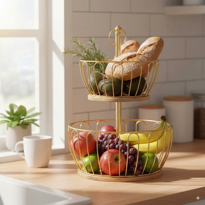 2-Tier Gold Fruit Basket with Wooden Base – Decorative Serving Stand