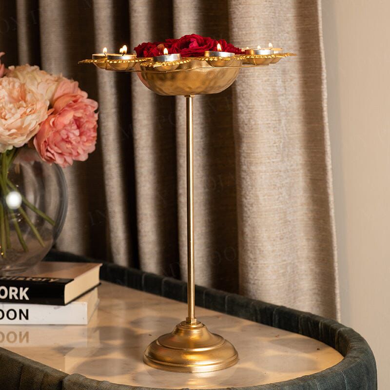 Luxury Metal Urli Bowl Stand Set of 3 with Diya Holders | Decorative Festive Centerpiece for Home Décor