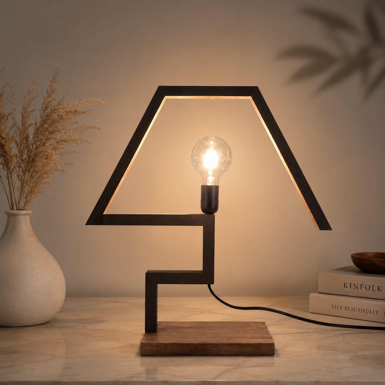 Modern Geometric Wooden Table Lamp with Warm LED Light | Decorative Bedside & Study Lamp