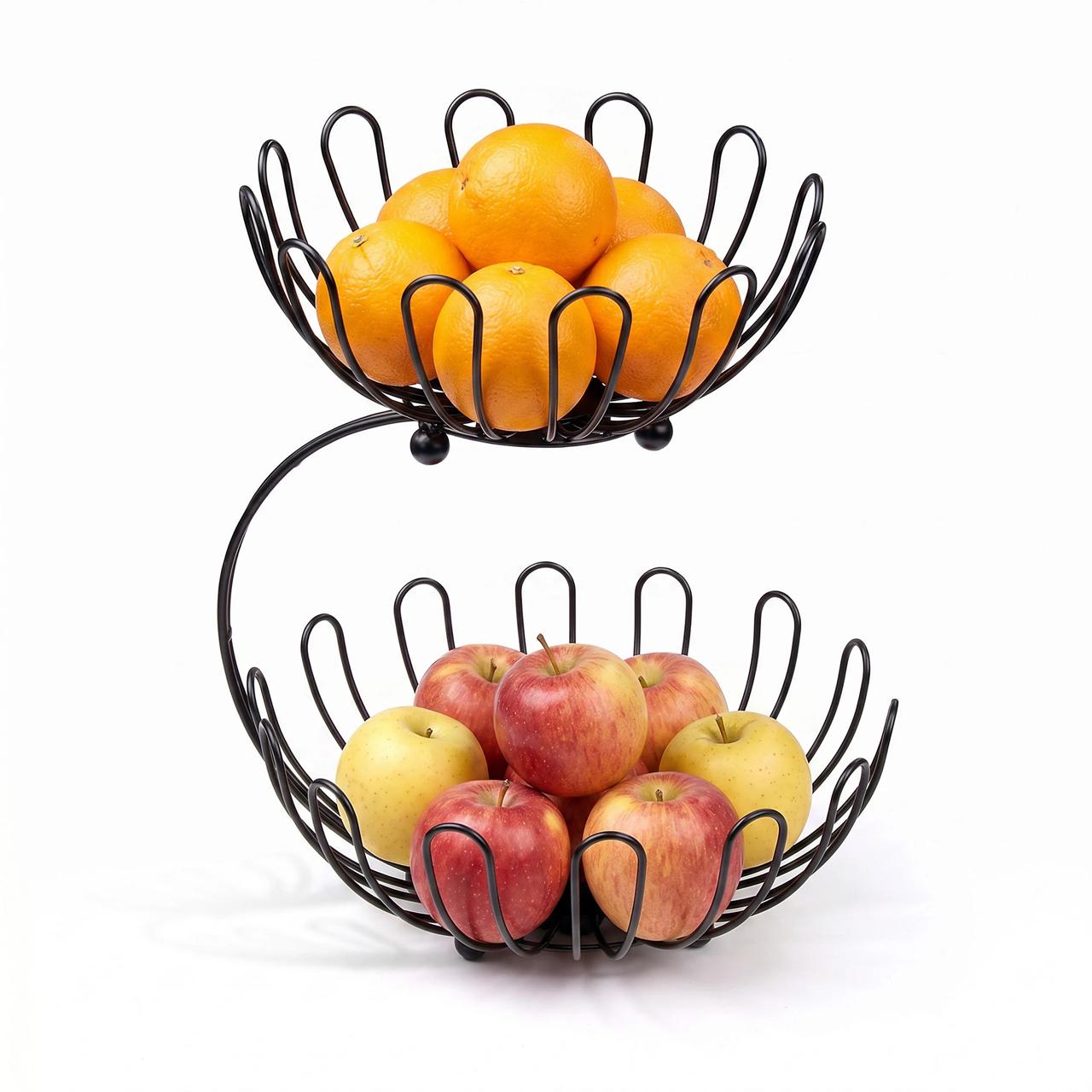 2-Tier Black Metal Fruit Basket Stand – Kitchen Counter Organizer