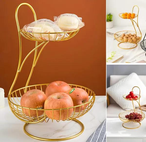 2-Tier Gold Metal Fruit Basket Stand – Kitchen Counter Organizer
