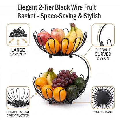 2-Tier Black Metal Fruit Basket Stand – Kitchen Counter Organizer
