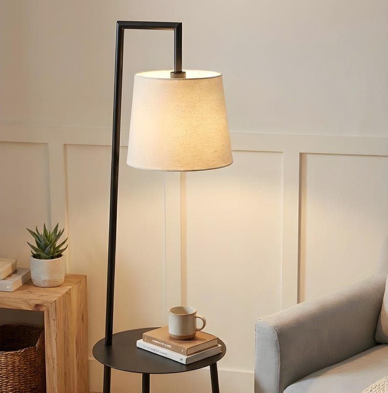 Modern Floor Lamp with Table – Minimalist Standing Lamp with Side Table