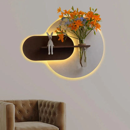 Modern LED Wall Shelf with Glass Vase Holder – Decorative Wooden Wall Décor