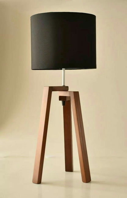 Modern Wooden Tripod Table Lamp with Black Fabric Shade – Minimalist Bedside & Living Room Lamp