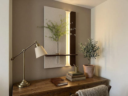 Modern Wooden Wall Shelf Decor with Minimalist Panel & Vase Holder