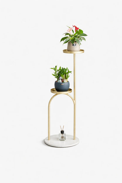 Modern 2-Tier Gold Metal Plant Stand | Luxury Flower Pot Holder with Marble Base | Decorative Indoor Plant Display Rack