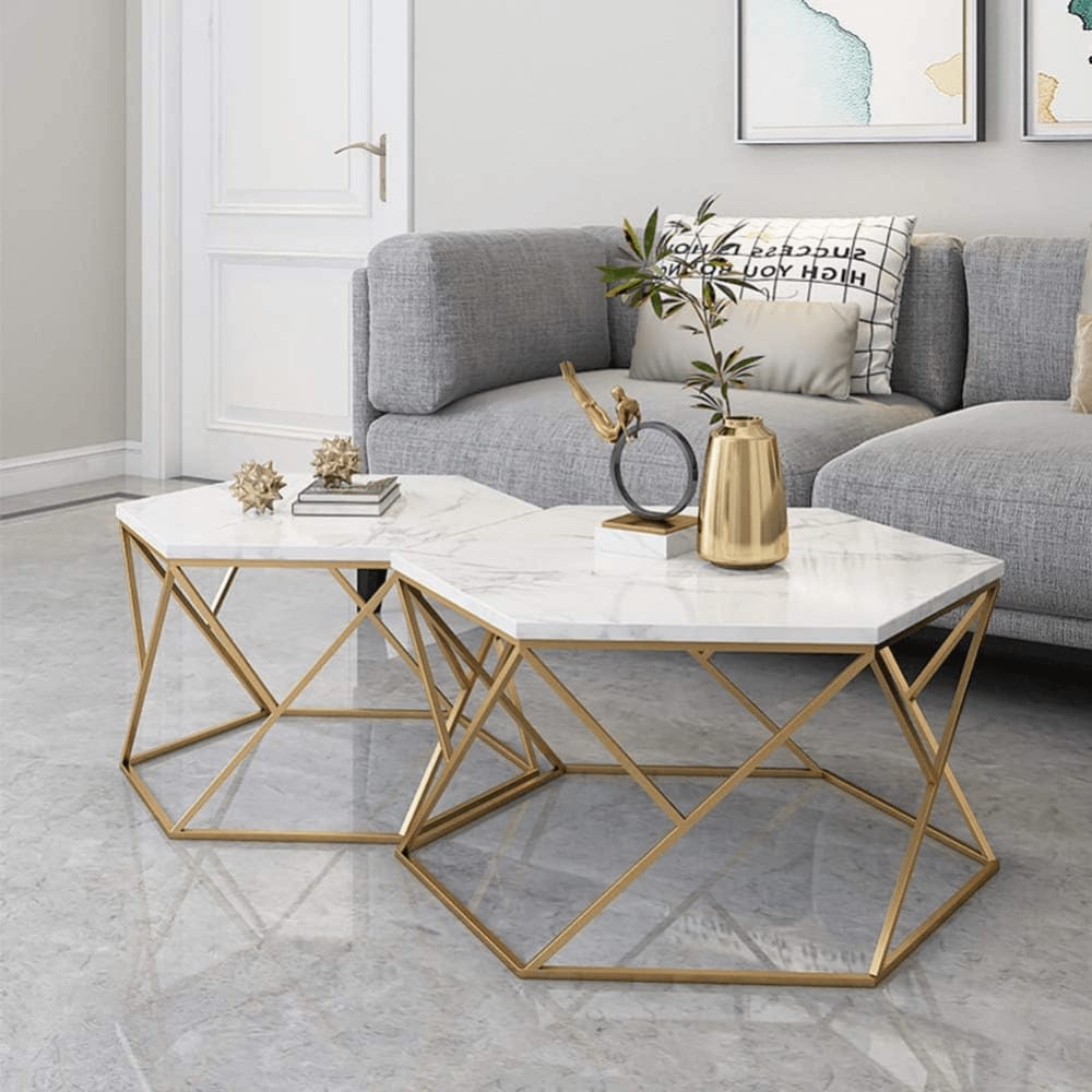 Modern wooden Top Nested Coffee Table Set with Gold Metal Frame (Set of 2)