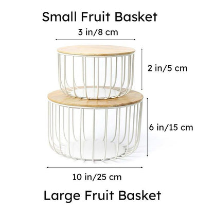 White Metal Fruit Basket Set with Wooden Lid – 2-Piece Storage Organizer