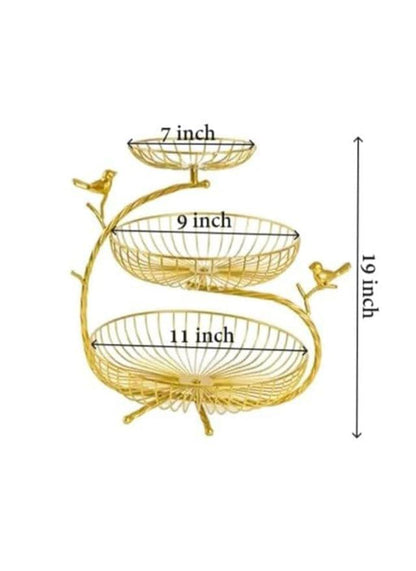3-Tier Gold Metal Fruit Basket Stand with Bird Design