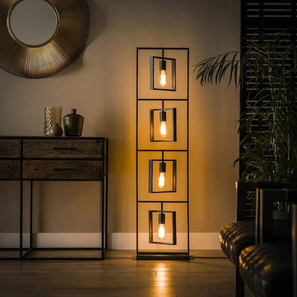 Modern Geometric Floor Lamp with 4 Hanging Lights – Industrial Decorative Standing Lamp