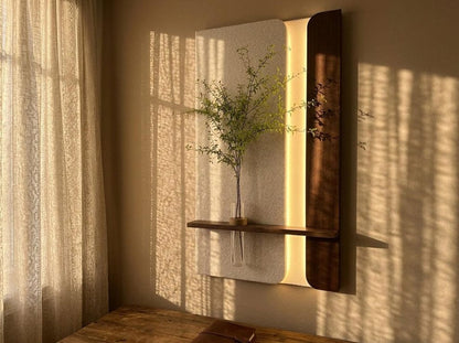 Modern Wooden Wall Shelf Decor with Minimalist Panel & Vase Holder